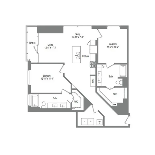 B5C floor plan, 2 bedroom, 1,305 sq ft